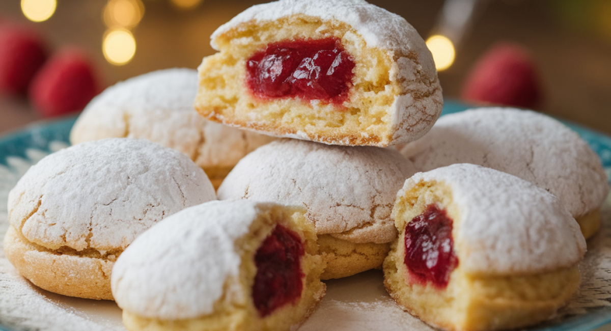 Raspberry Filled Almond Snowball Cookies