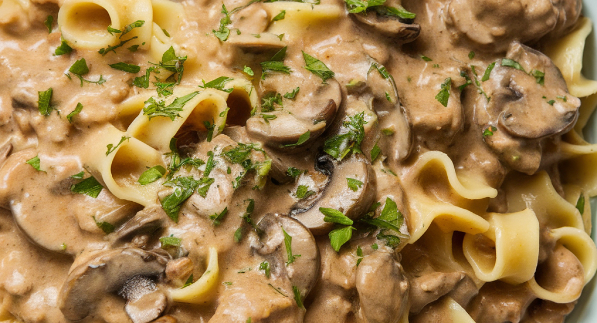 French Onion Beef And Noodles With Sour Cream And Parmesan