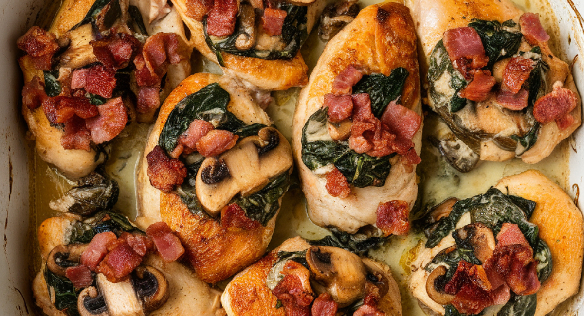 Smothered Chicken With Creamed Spinach Bacon And Mushrooms