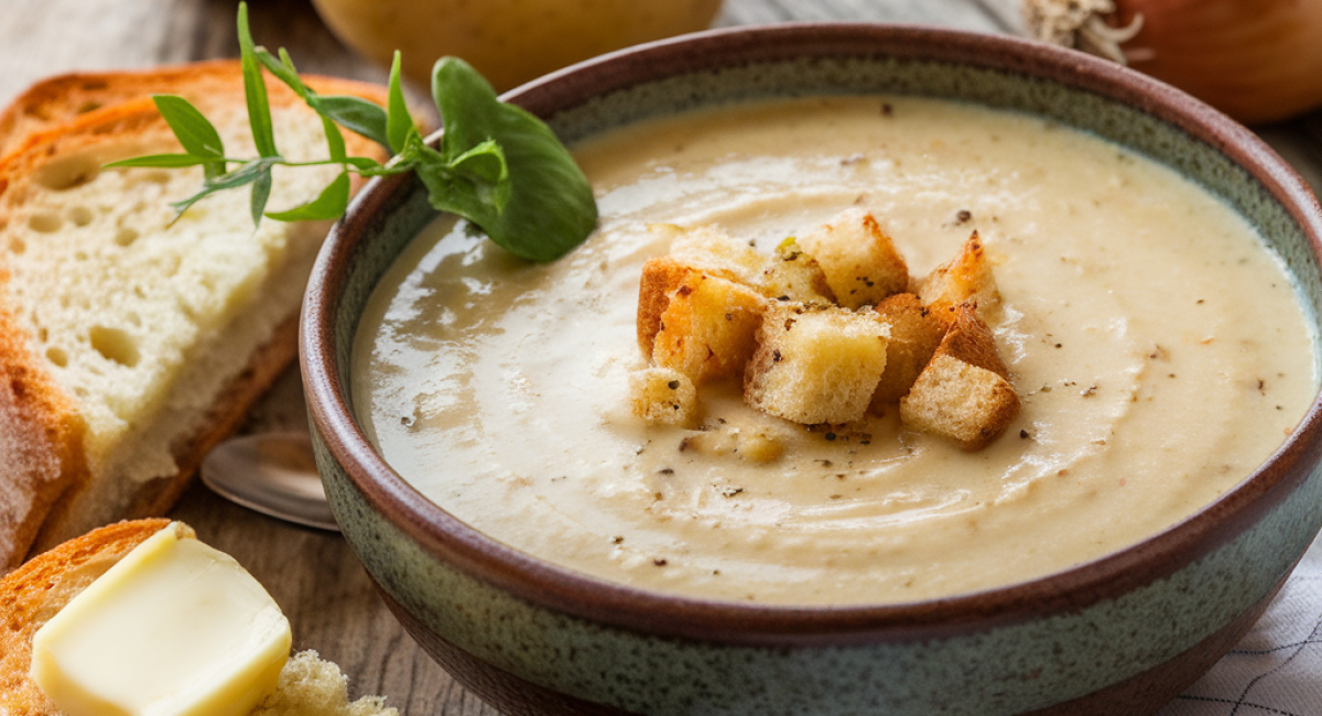 Shepherd's Pie Soup With Toasted Bread Bites, Sour Cream, And Bacon