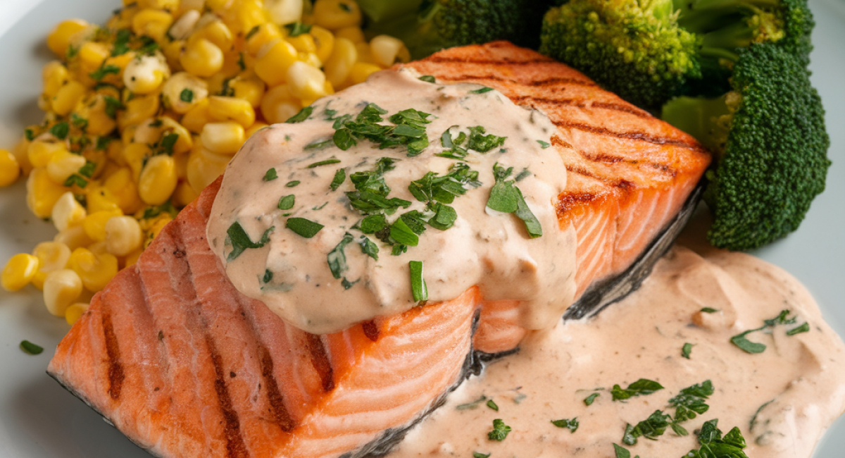 Salmon, Shrimp, Cheesy Broccoli Corn