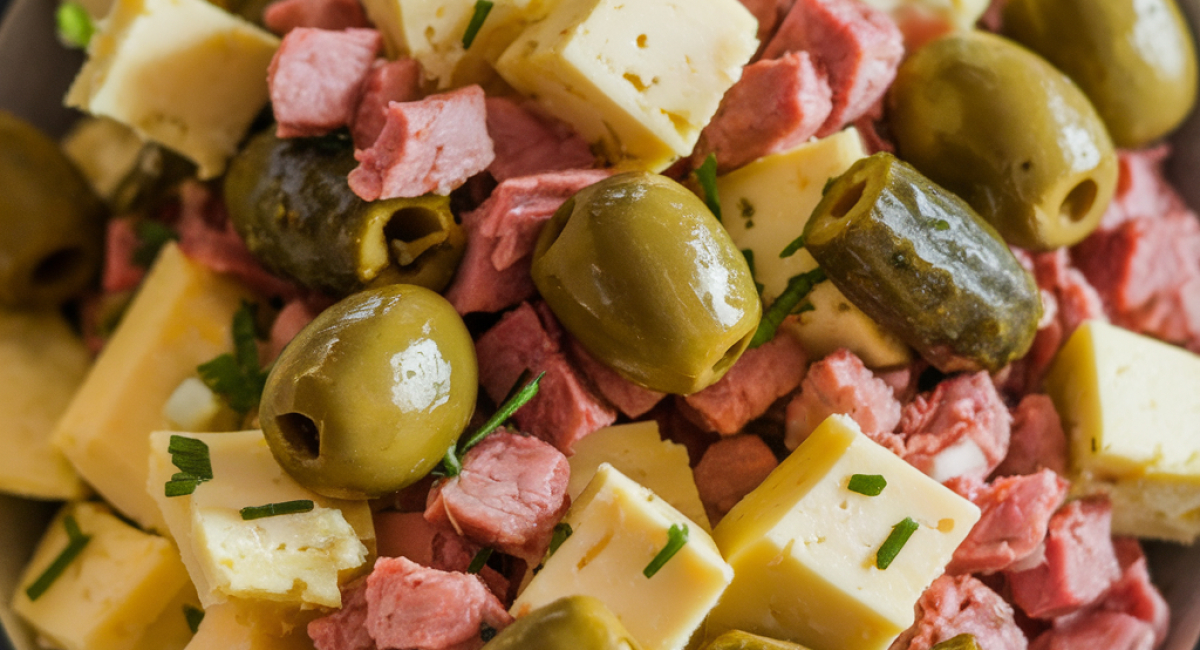 Easy Marinated Cheese Appetizer with Salami & Pickles