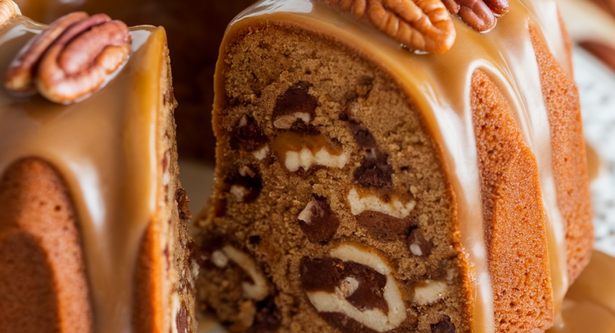 Apple Pecan Cake with Caramel Glaze