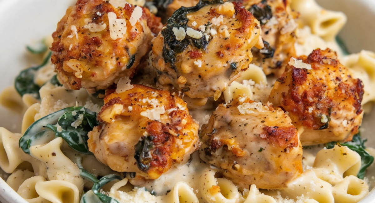 Garlic Butter Chicken Bites with Creamy Parmesan Pasta and Spinach