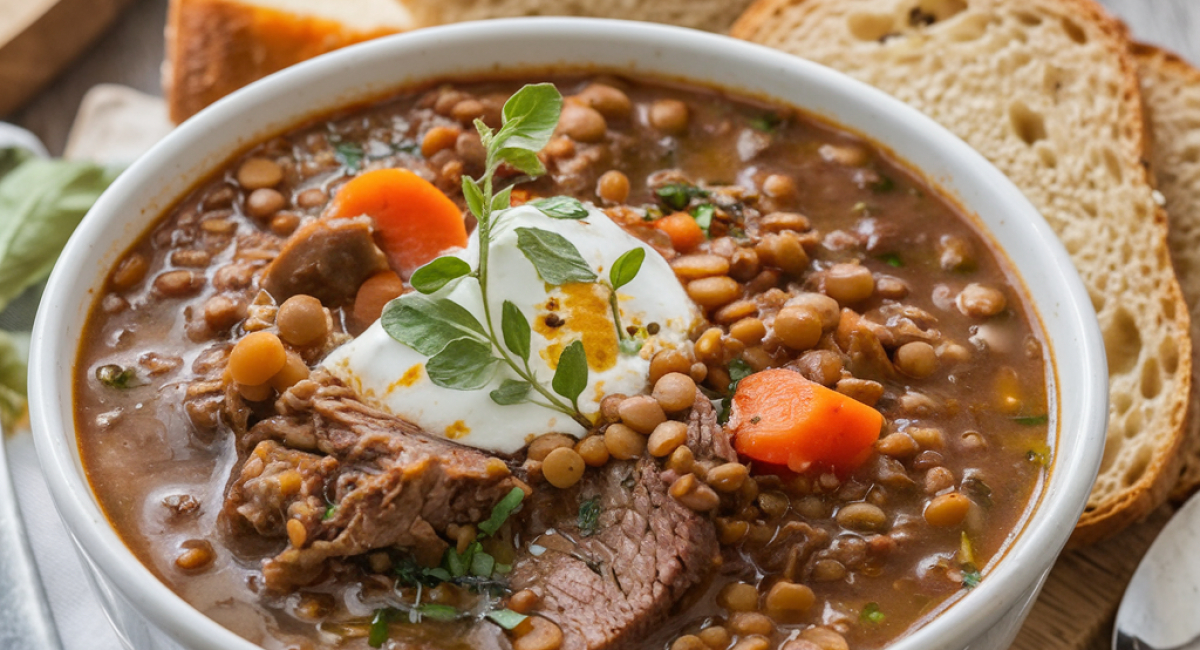  Beef and Lentil Soup with Roasted Carrots, Toast Bites, and Cream Cheese 