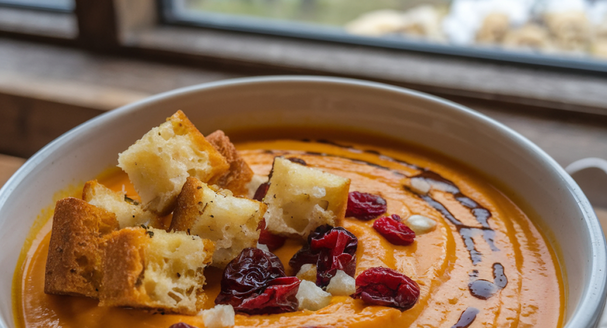 Sweet Potato and Butternut Squash Soup with Cream Cheese, Cranberries, and Toasted Bread Bites