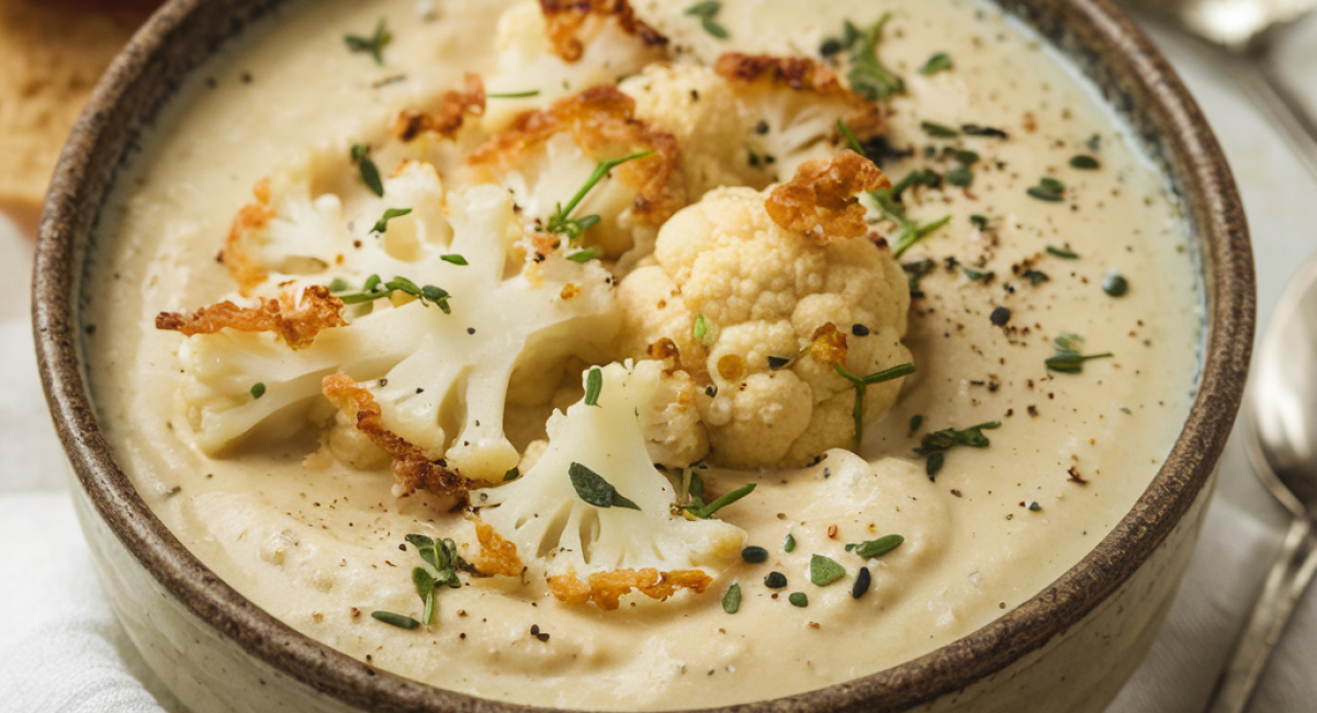 Cheddar Cauliflower and Roasted Garlic Soup