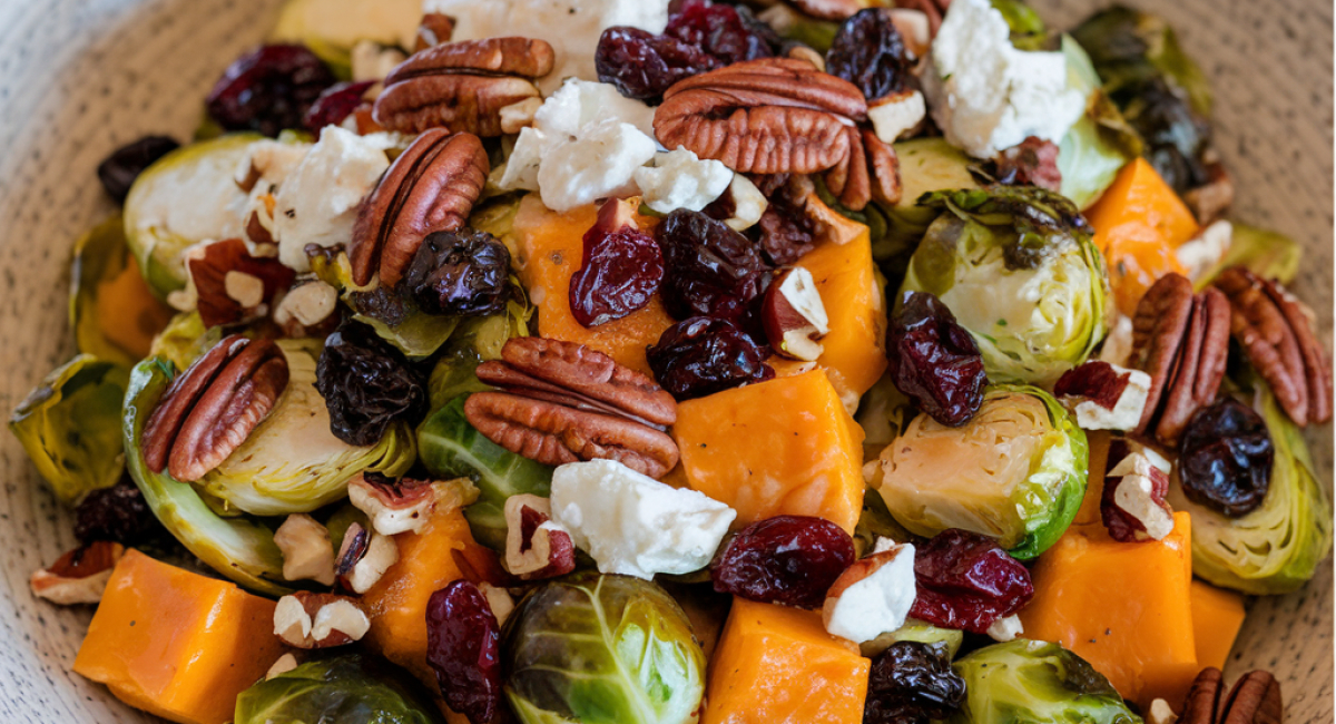 Roasted Brussels Sprouts and Butternut Squash with Maple Walnuts, Cranberries, and Goat Cheese