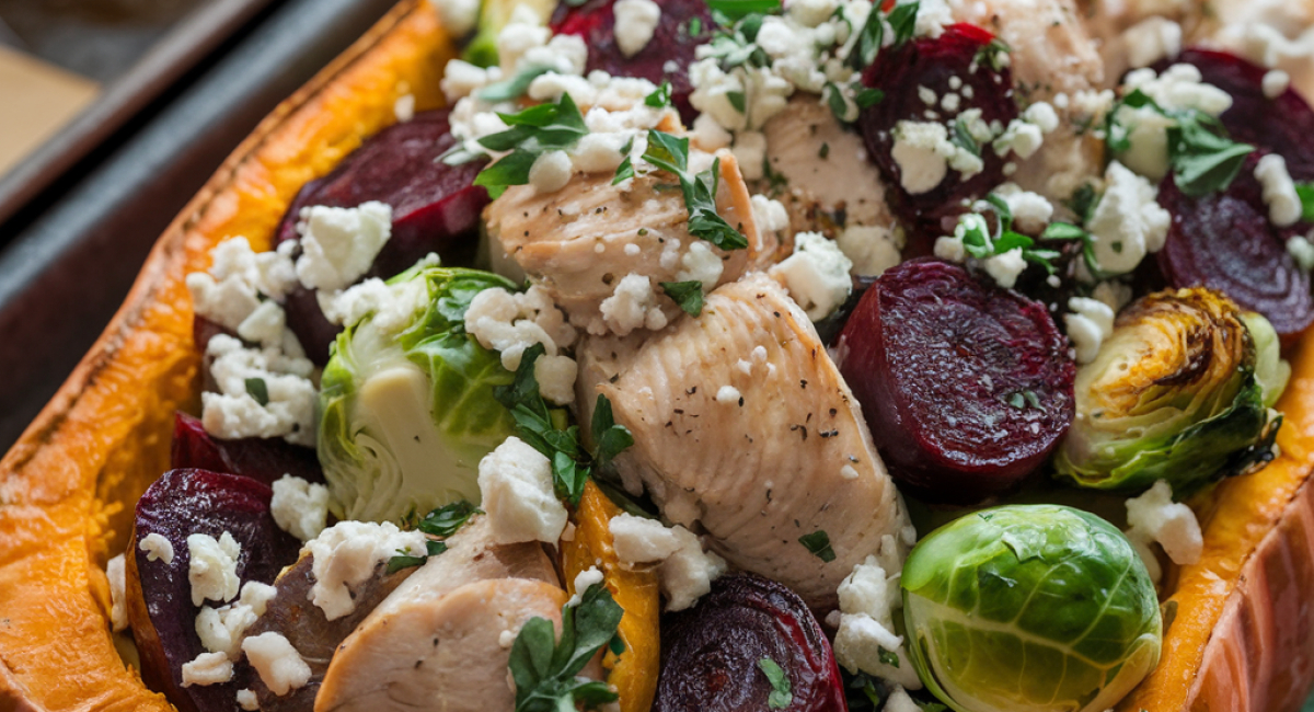 Sweet and Savory Honey Roasted Butternut Squash Stuffed with Chicken, Brussels Sprouts, Beets, Walnuts, and Feta 