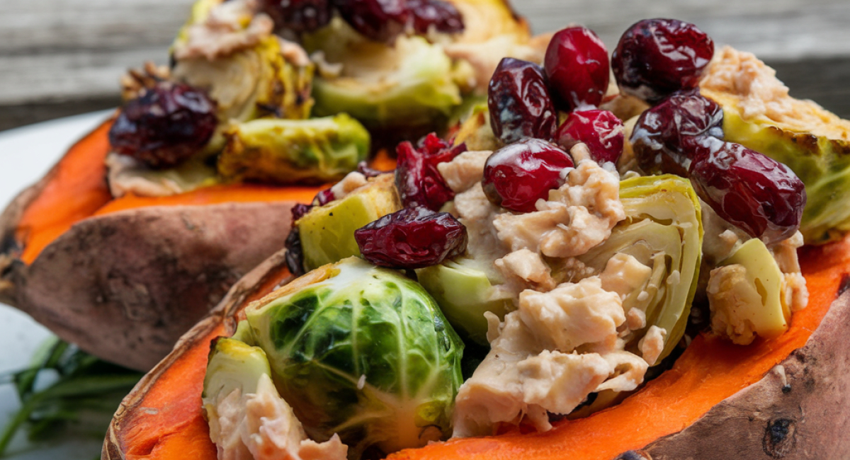 Roasted Brussels Sprouts and Butternut Squash Stuffed Sweet Potato with Cranberries and Goat Cheese 