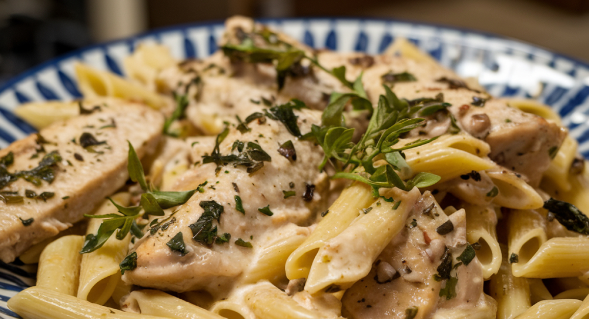 Garlic Butter Chicken Bites over Creamy Parmesan Pasta