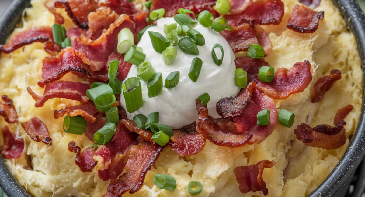 Shepherd's Pie Soup with Toasted Bread Bites, Sour Cream, and Bacon!