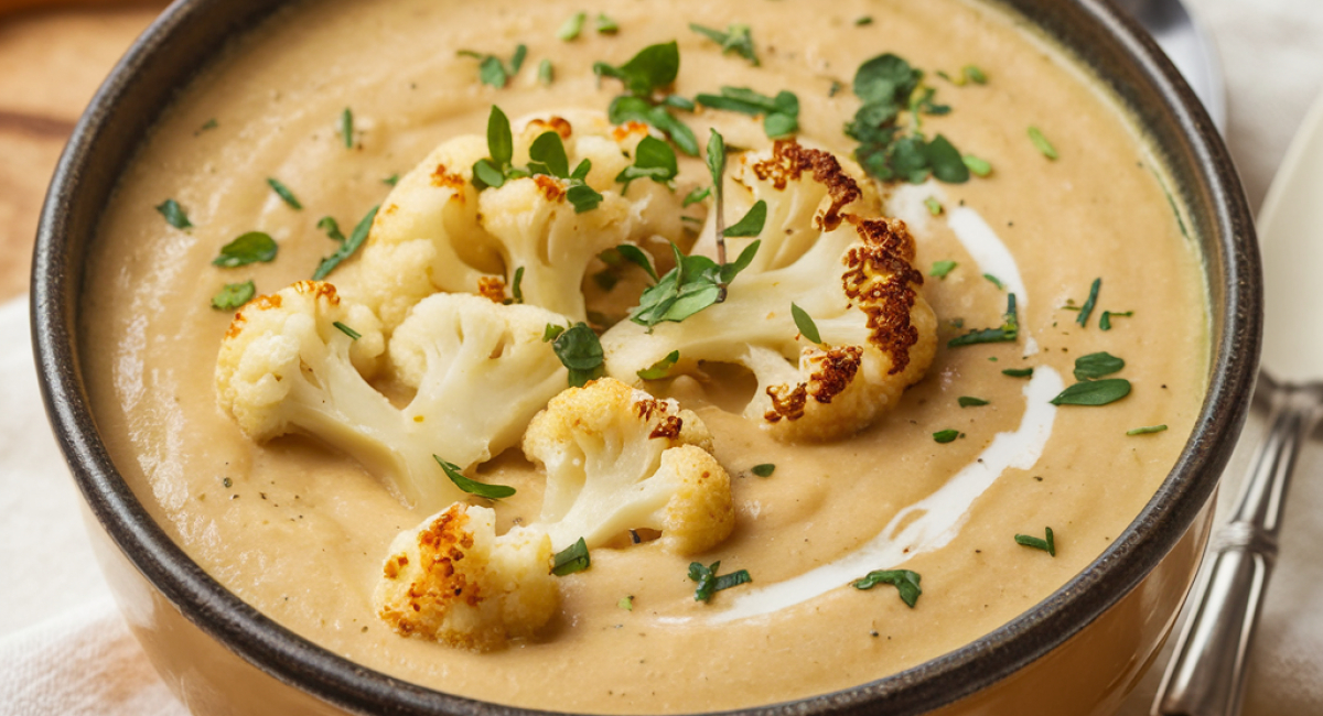 Creamy Cheddar Cauliflower & Roasted Garlic Soup Recipe