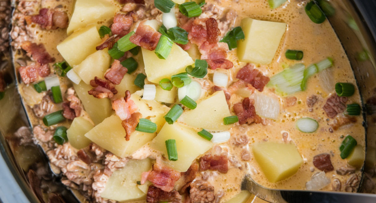 Creamy Potato and Bacon Soup made in a slow cooker.