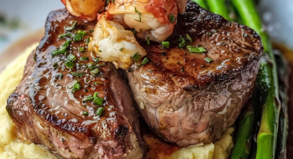 Succulent Lamb Chops Over Lobster Mashed Potatoes with Asparagus