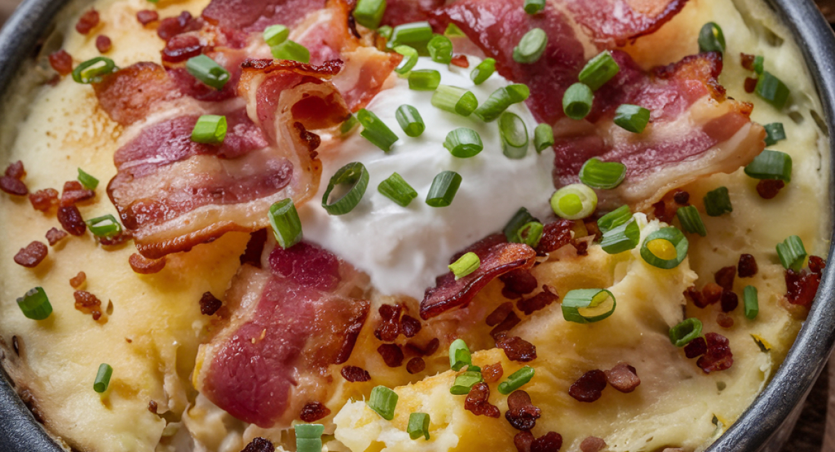 Shepherd's Pie Soup with Toasted Bread Bites, Sour Cream, and Bacon