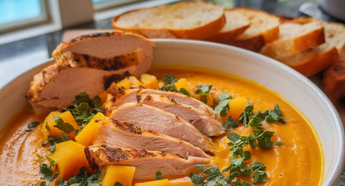 Roasted Chicken, Sweet Potato, and Butternut Squash Soup with Cream Cheese and Toasted Bread Bites