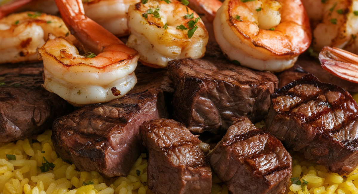 Jerk Steak & Shrimp over Yellow Rice