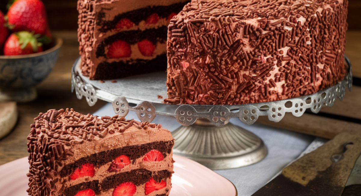 Bolo de Chocolate Recheado com Morango