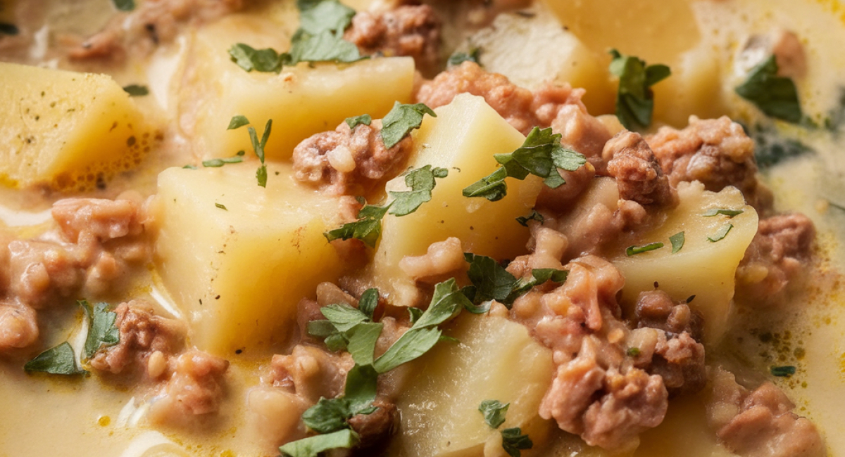 Creamy Potato and Ground Beef Soup in a Slow Cooker