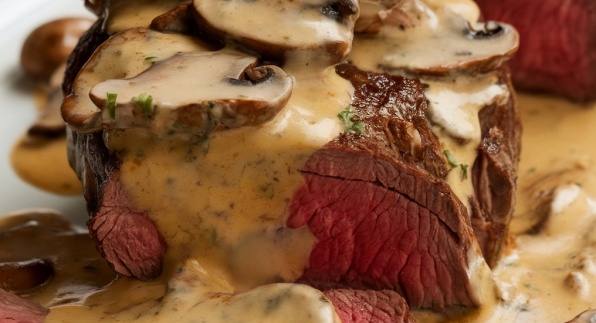 Beef tenderlon with creamy mushroom sauce