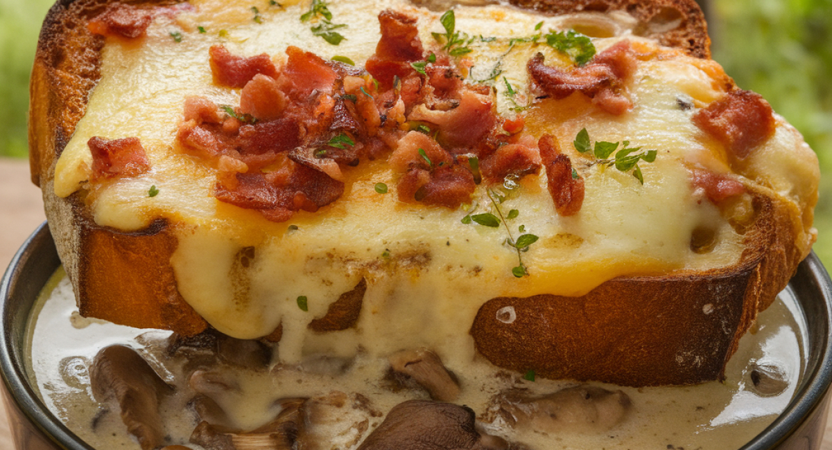 Mushroom & Caramelized Onion Soup with Cheesy Toasties and Bacon 