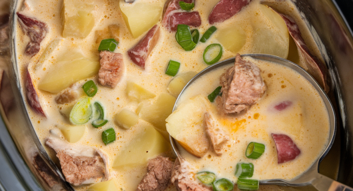 Slow cooker potato and bacon soup with a creamy consistency.