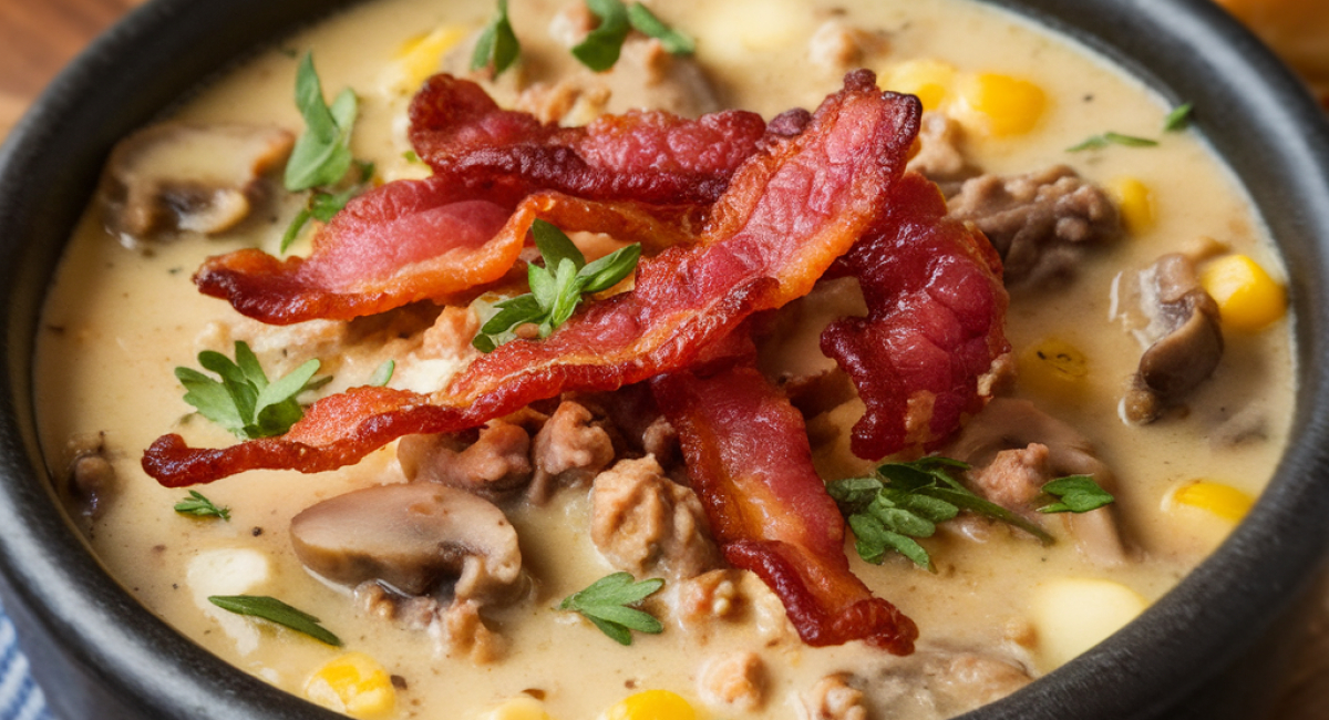 Soup with bacon, mushrooms, and Swiss cheese.