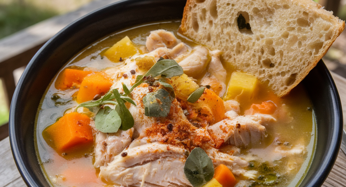  Roasted Chicken, Sweet Potato, and Butternut Squash Soup with Cream Cheese and Toasted Bread Bites