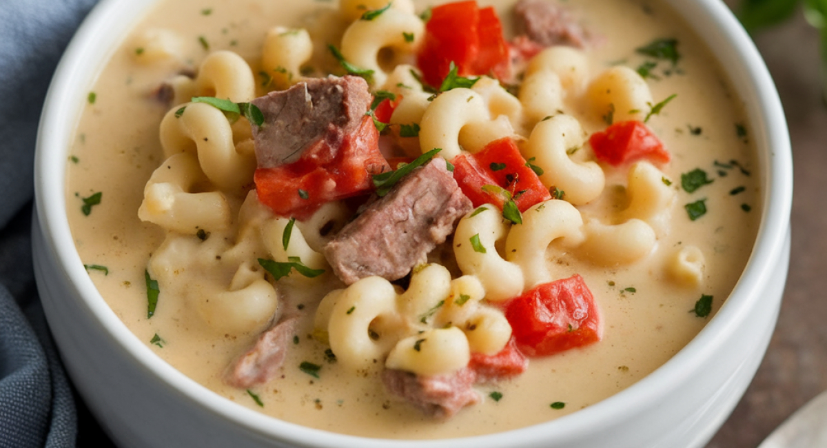 Macaroni Cheeseburger Soup made in one pot without using Velveeta cheese