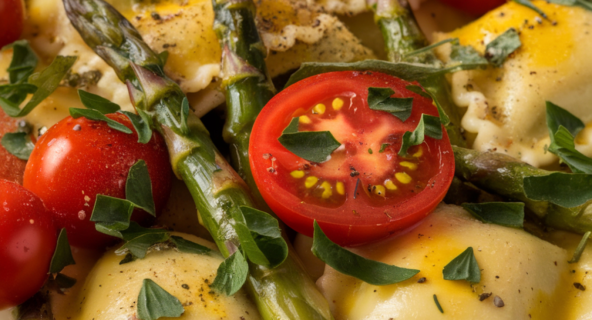 Ravioli with Tomatoes, Asparagus, Garlic, and Herbs!