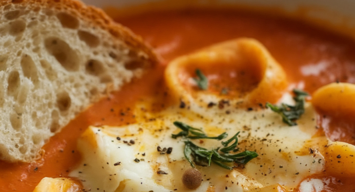 Slow Cooker Tomato Tortellini Soup with Cheddar & Toast Bites