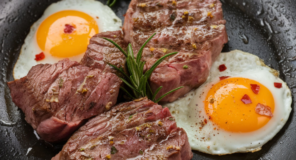 Garlic Steak bites and eggs for breakfast 