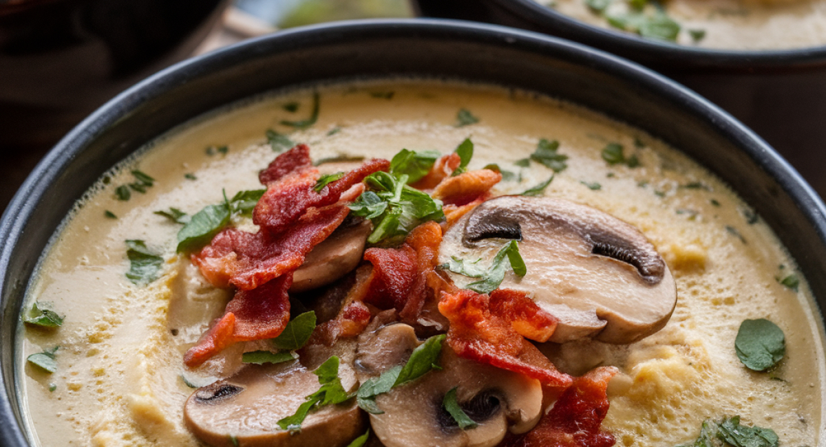 Mushroom & Caramelized Onion Soup with Parmesan and Bacon Bites