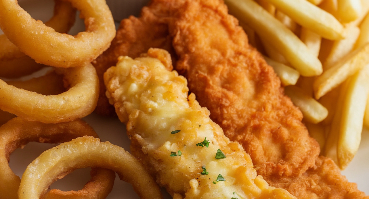 WOULD YOU EAT THIS CRISPY BATTERED COD AND ONION RINGS PLATTER WITH FRIES