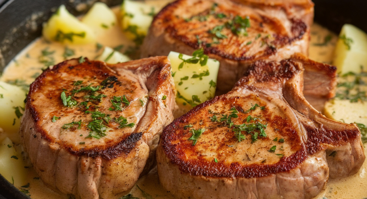 Garlic Butter Pork Chops with Cheesy Potato Bake