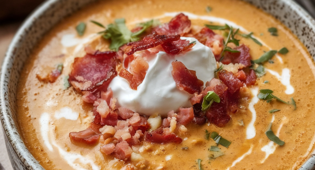 Slow Cooker Cheesy Burger Flavored Soup with Sour Cream and Bacon Bites