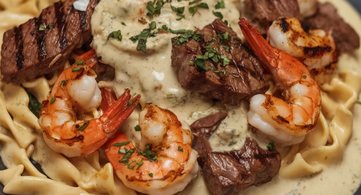 Cajun Shrimp and Steak Alfredo Pasta