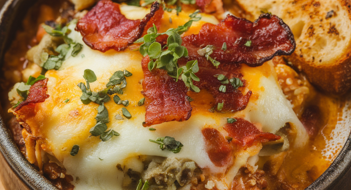  One-Pot Philly Cheesesteak Soup with Bacon and Cheesy Toast 