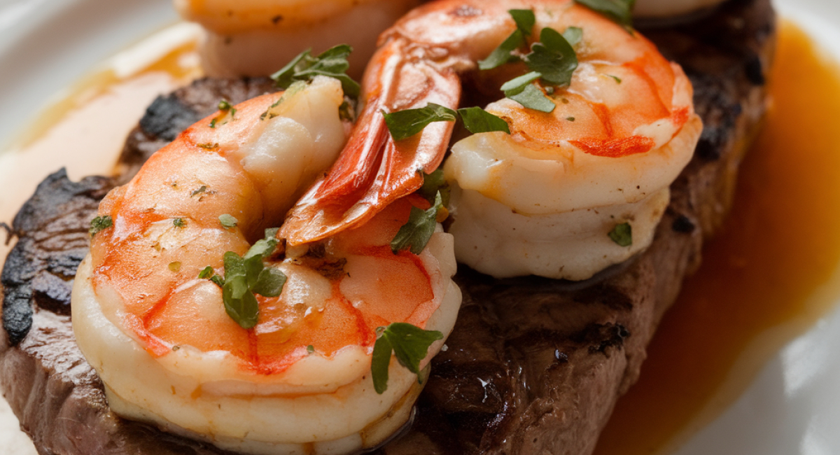 Mozzarella-Stuffed Steak with Shrimp 