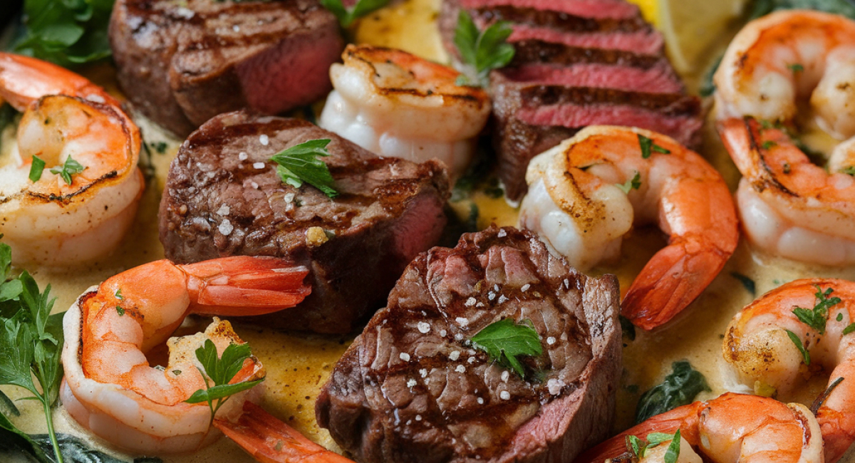 Steak and Seafood Skillet with Garlic Parmesan Cream Sauce 