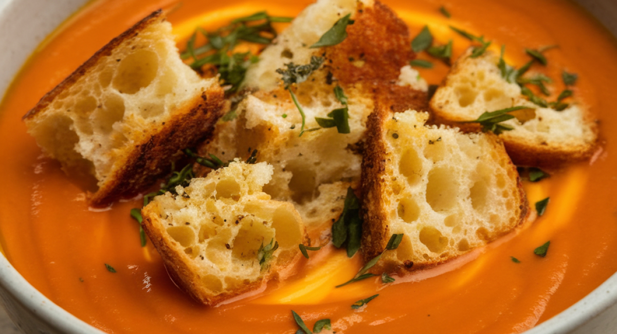 Homemade Tomato Soup with Grilled Cheese Croutons