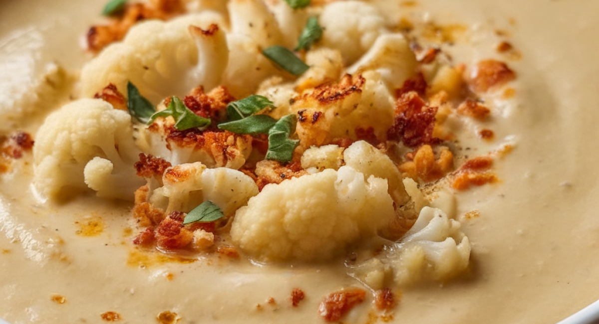 Roasted Garlic Cheddar Cauliflower Soup