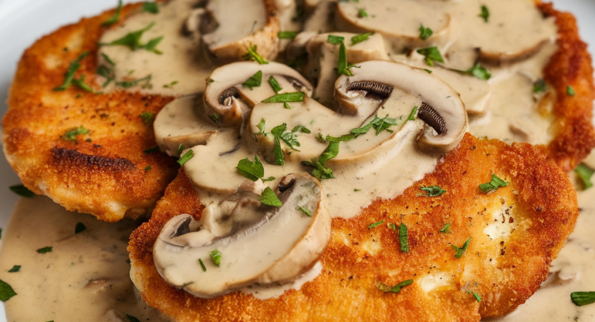 Crispy Golden Chicken with Creamy Parmesan Mushroom Sauce