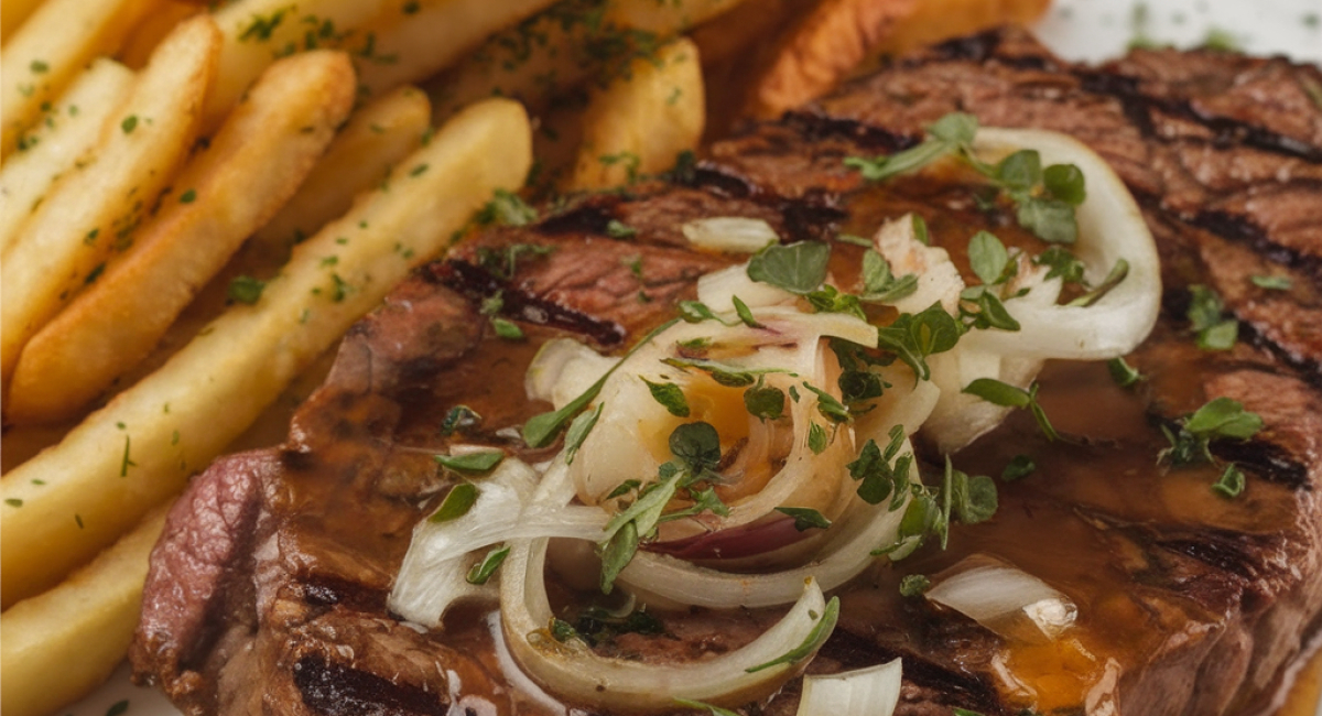 RIBEYE STEAK WITH FRENCH ONIONS AND FRENCH FRIES 