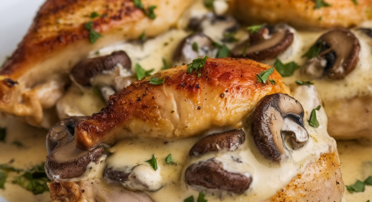 Savory Cheese and Mushroom Stuffed Chicken with Garlic Butter Sauce