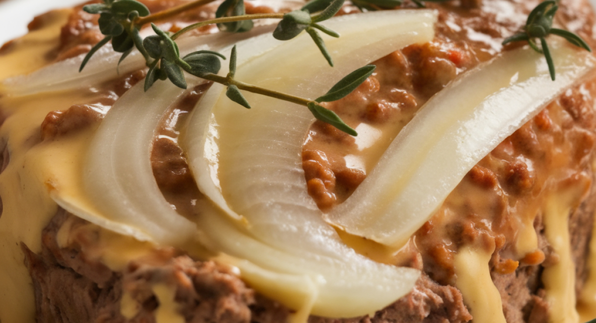 Crockpot French Onion Meatloaf with Melted Swiss Cheese