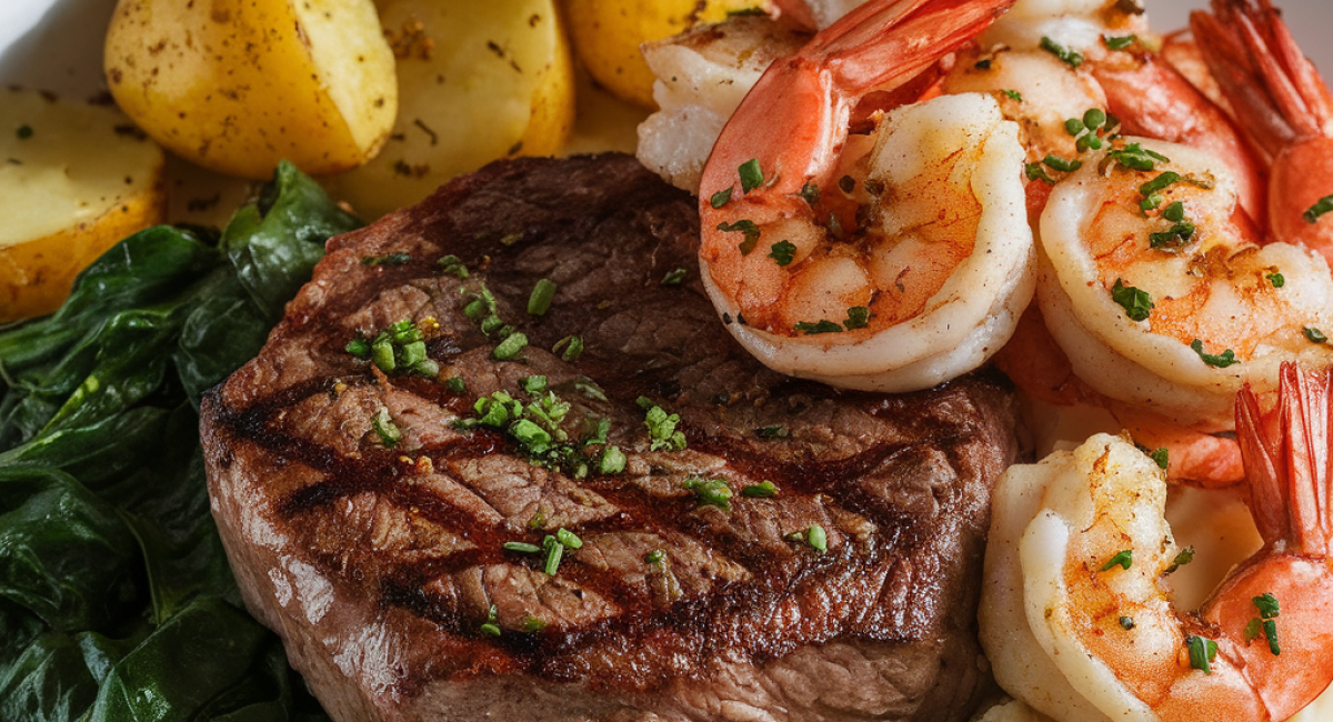 Seared Steak & Creamy Cajun Shrimp with Sautéed Spinach & Mashed Yukon Potatoes 