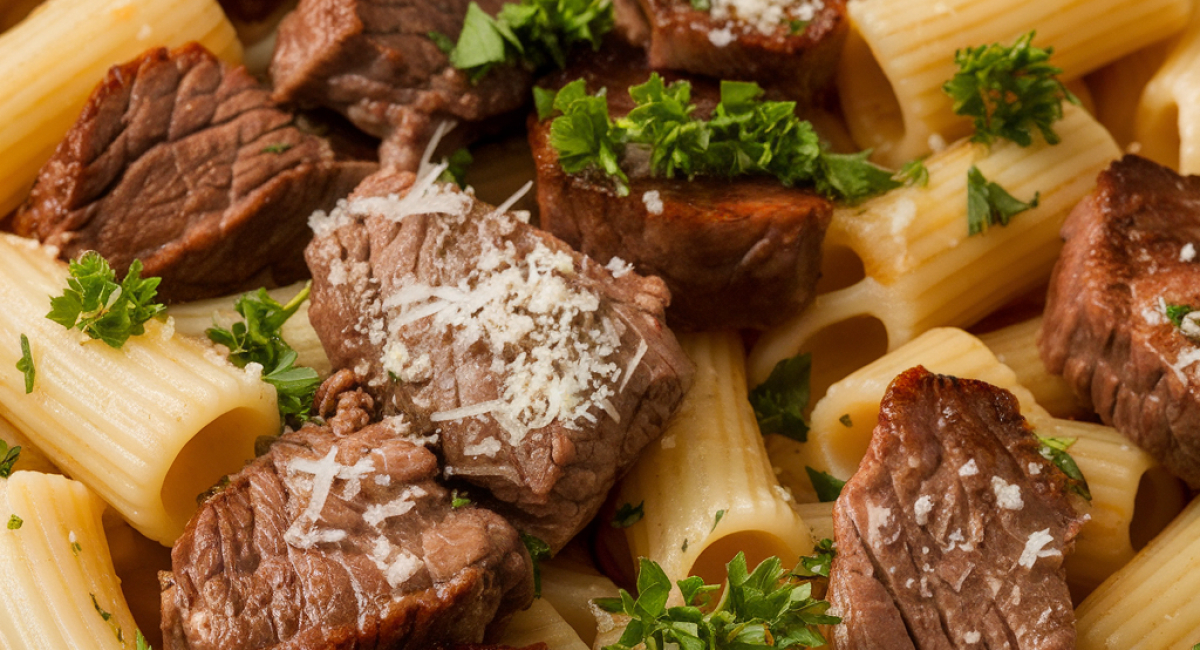 Garlic Butter Steak Parmesan Rigatoni 