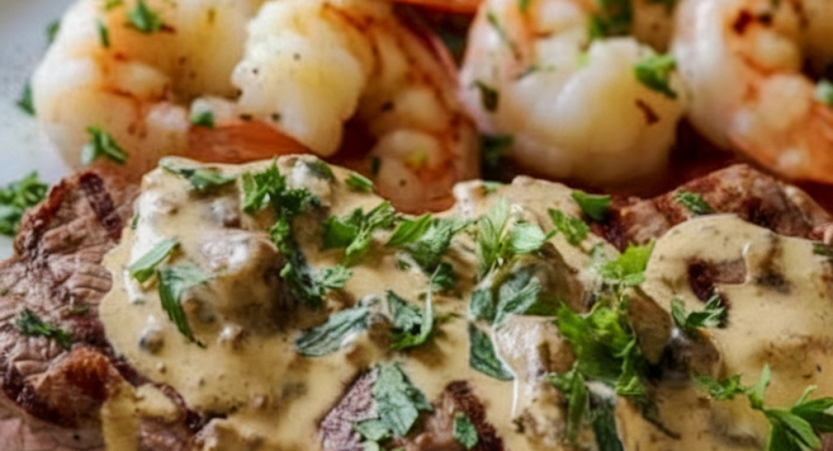 Creamy Garlic Parmesan Steak and Shrimp